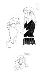 ... 1boy affectionate aged_down animal baby_carry blush braid carrying chibi child_carry comic dungeon_meshi elf feathered_wings from_side frs2 greyscale half_updo highres hug jitome layered_sleeves lion_cub long_hair long_sleeves male_focus monochrome pointy_ears profile short_over_long_sleeves short_sleeves simple_background spoken_ellipsis thistle_(dungeon_meshi) turtleneck winged_animal winged_lion_(dungeon_meshi) wings