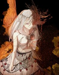 1girl black_background body_horror collarbone dress grey_hair highres long_hair mutation original parted_lips purple_eyes solo upper_body von_grechii