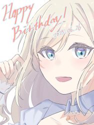 1girl 2025 :d blue_eyes blue_shrug ceras_yanagida_lilienfeld collarbone collared_shrug commentary_request dated english_text grey_hair happy_birthday highres izayoi_selene link!_like!_love_live! long_hair looking_at_viewer love_live! official_alternate_costume open_mouth portrait shrug_(clothing) simple_background smile solo tikuwa_l virtual_youtuber white_background