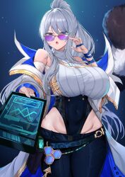 1girl absurdres belt black_leotard black_pants blue_eyes breasts coat commission covered_navel deogho_(liujinzy9854) grey_hair highres holding holstered large_breasts leotard open_clothes open_coat open_mouth original pants ponytail purple-tinted_eyewear raccoon_tail solo sunglasses tail tinted_eyewear white_coat