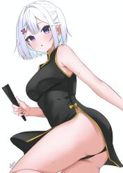 1girl :o absurdres artist_name ass bare_shoulders black_dress black_panties breasts center-flap_bangs china_dress chinese_clothes commentary dress folding_fan from_side hair_intakes hair_ornament hand_fan highres holding light_blush looking_at_viewer mandarin_collar medium_breasts original panties pelvic_curtain purple_eyes raised_eyebrows short_hair sidelocks sleeveless sleeveless_dress solo standing standing_on_one_leg sweat symbol-only_commentary thick_thighs thighs tillots two_side_up underwear white_background white_hair x_hair_ornament