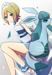 Rule 34 | 0roshioji3ran, 1girl, alternate color, anklet, aqua eyes, blonde hair, blush, closed mouth, collar, commentary request, gen 4 pokemon, glaceon, gradient background, hair between eyes, hairband, highres, irida (pokemon), jewelry, nintendo, outline, pokemon, pokemon (creature), pokemon masters ex, sash, shirt, shoes, short hair, shorts, smile, strapless, strapless shirt, twitter username, waist cape, watermark