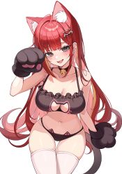 Rule 34 | 1girl, akane lize, animal ears, animal hands, armpits, bare shoulders, bell, black bra, black choker, black eyes, bra, breasts, cat cutout, cat ear panties, cat ears, cat lingerie, cat tail, choker, cleavage, cleavage cutout, clothing cutout, fangs, frilled bra, frills, gloves, hand up, highres, jingle bell, kemonomimi mode, large breasts, long hair, looking at viewer, meme attire, multicolored hair, navel, open mouth, panties, paw gloves, red hair, simple background, skindentation, smile, solo, stellive, stomach, streaked hair, string bra, string panties, tail, thighhighs, thighs, underwear, very long hair, virtual youtuber, white background, white thighhighs, yulha 06