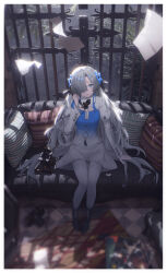 1girl 3d_background absurdres antique_phone arm_support black_footwear blue_eyes blue_flower blurry blurry_foreground border camera closed_mouth commentary corded_phone couch dress flower flying_paper from_above gate grey_hair hair_flower hair_ornament hair_over_one_eye highres holding holding_phone isekaijoucho juliet_sleeves kamitsubaki_studio long_hair long_sleeves looking_at_viewer one_eye_covered oooomiga pale_skin pantyhose paper phone pillow puffy_sleeves rotary_phone sitting smile solo symbol-only_commentary talking_on_phone two-tone_dress very_long_hair virtual_youtuber white_border