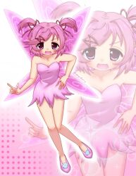 Rule 34 | 1girl, artist name, blush, bob cut, collarbone, doki doki literature club, dotted background, eyebrows hidden by hair, fairy, fairy wings, fang, floating, full body, hair intakes, hair ornament, hair ribbon, hairclip, hand on own hip, looking at viewer, natsuki (doki doki literature club), open mouth, pink background, pink eyes, pink hair, pointy ears, popidoru, red ribbon, ribbon, short hair, skin fang, solo, twitter username, wings