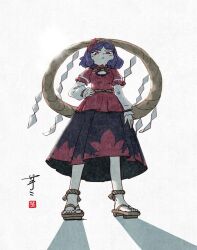 Rule 34 | 1girl, ay606078, black skirt, breasts, brown sandals, closed mouth, commentary, full body, geta, hair ornament, hand on own hip, highres, layered sleeves, leaf, leaf hair ornament, long sleeves, looking at viewer, maple leaf, mirror, purple hair, red eyes, red shirt, red skirt, rope, sandals, shadow, shimenawa, shirt, short over long sleeves, short sleeves, signature, skirt, solo, toes, touhou, two-tone skirt, yasaka kanako