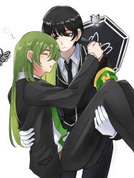 Rule 34 | 2boys, armband, black hair, black necktie, black pants, black suit, blush, bug, butterfly, carrying, carrying person, collared shirt, cowboy shot, e.g.o (project moon), formal clothes, gloves, green armband, green hair, green necktie, highres, insect, limbus company, lobotomy corporation, long hair, multiple boys, necktie, netzach (project moon), ori oriio, pants, princess carry, project moon, shirt, short hair, simple background, sleeping, solemn lament (e.g.o), suit, white background, white gloves, white shirt, yi sang (project moon)