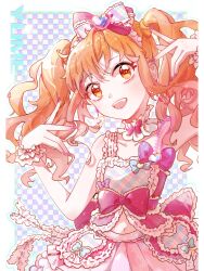1girl aikatsu!_(series) aikatsu_stars! back_bow bare_shoulders blue_bow blue_outline border bow breasts brown_hair character_name chazui_ranyi chinese_commentary cleavage clothing_cutout collarbone commentary_request cowboy_shot dot_nose double_v earrings eyelashes fang frilled_bow frilled_skirt frilled_tank_top frilled_wrist_cuffs frills hair_between_eyes hair_bow happy heart heart_earrings heart_print highres idol jewelry light_blush light_particles long_hair miniskirt multicolored_bow multicolored_tank_top nail_polish navel nijino_yume open_mouth orange_eyes outline outside_border pink_bow pink_nails pink_skirt pink_tank_top plaid_background plaid_bow plaid_tank_top pleated_skirt pocket purple_background rainbow_gradient ribbon-trimmed_bow ribbon-trimmed_tank_top ribbon_trim single_earring skirt smile solo sparkle split-color_clothes standing stomach_cutout tank_top tareme teeth twitter_username two-tone_background upper_teeth_only v waist_bow wavy_hair white_background white_border white_wrist_cuffs wrist_cuffs