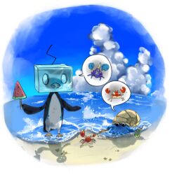 animal_focus backlighting bird black_eyes blue_sky border can cloud crab crabrawler creatures_(company) day drink drink_can drinking_straw ebifurai_kakigwa eiscue eiscue_(ice) food game_freak gen_1_pokemon gen_7_pokemon gen_8_pokemon holding holding_can holding_drink holding_food holding_popsicle holding_stick horizon ice krabby looking_down nintendo no_humans ocean omanyte outdoors penguin pokemon pokemon_(creature) poking popsicle round_image shell sky soda_can speech_bubble spoken_character stick talking tentacles water watermelon_bar white_border