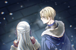 Rule 34 | 1boy, 1girl, blonde hair, blue cape, blue eyes, cape, dated commentary, dimitri alexandre blaiddyd, edelgard von hresvelg, fire emblem, fire emblem: three houses, from above, from behind, fur-trimmed cape, fur trim, hair ribbon, highres, long hair, looking at another, looking to the side, nintendo, purple ribbon, ribbon, short hair, soma otakuu, stone floor