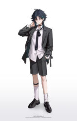 Rule 34 | 1boy, aamoooon e, alternate costume, black hair, black jacket, black shoes, black shorts, blue hair, character name, english text, full body, genshin impact, hand in pocket, highres, jacket, male focus, multicolored hair, open clothes, open jacket, shoes, shorts, simple background, socks, solo, twitter username, two-tone hair, white background, white socks, xiao (genshin impact), yellow eyes