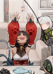 Rule 34 | &gt; &lt;, 1boy, 3girls, absurdres, anby demara, arms up, bangboo (zenless zone zero), bench, billy kid, black hair, brown eyes, cat girl, dodo (yatotoyatoto), door, eous (zenless zone zero), fangs, fingerless gloves, fish, gloves, headphones, highres, indoors, jacket, multiple girls, nekomiya mana, nicole demara, open mouth, out of frame, picture frame, pink hair, red jacket, short hair, smile, table, white hair, zenless zone zero