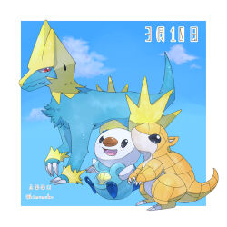 animal_focus arms_up artist_name black_eyes blank_eyes blue_background blue_sky blue_theme border claws closed_mouth cloud dated day fangs freckles from_side gen_1_pokemon gen_3_pokemon gen_5_pokemon happy highres kinunuko looking_at_another looking_up manectric nintendo no_humans open_mouth oshawott outdoors outside_border pokemon pokemon_(creature) red_eyes sandshrew seashell shell sitting sky smile standing twitter_username watermark white_border
