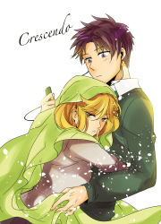 10s 1boy 1girl bibian brown_hair digital_media_player earphones finger_to_mouth gekkan_shoujo_nozaki-kun hetero highres hood hug long_hair purple_hair school_uniform seo_yuzuki short_hair wakamatsu_hirotaka