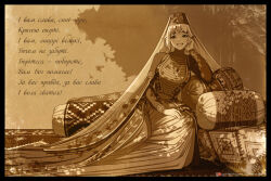 Rule 34 | 1girl, artist name, borrowed character, carpet, dappled sunlight, dress, embroidery, fez hat, fingernails, georgia (country), georgian clothes, hand on own face, hand on own hip, highres, historical connection, long dress, mole, mole under eye, monochrome, multiple moles, nika (usergore), original, patreon logo, patreon username, photo-referenced, pillow, poem, sepia, signature, smile, sphenodaile, sunlight, teeth, traditional dress, translated, ukrainian text, veil