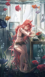 1girl animal_ears arknights bare_arms bare_shoulders barefoot bikini black_bikini black_shorts chair closed_mouth crossed_arms crossed_bangs hair_between_eyes helen_zzhao highres horse_ears horse_girl horse_tail long_hair narantuya_(arknights) navel on_chair open_clothes open_shorts ponytail red_eyes red_hair shorts sidelocks sitting smile solo stomach swimsuit tail