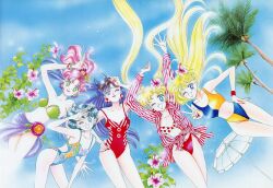 1990s_(style) 5girls ;d absurdres aino_minako arms_up artbook bare_shoulders beach_umbrella bishoujo_senshi_sailor_moon blonde_hair blue_eyes blue_hair bracelet collarbone cube_earrings double_bun earrings fingernails flower flower_earrings flower_request green_eyes group_picture hair_bun hair_flower hair_ornament hand_on_own_hip head_wreath highres hino_rei holding holding_removed_eyewear incredibly_absurdres jewelry kino_makoto leaf leaning_forward lips long_fingernails long_hair midriff mizuno_ami multiple_girls nail_polish navel official_alternate_costume official_alternate_hair_color official_art one-piece_swimsuit one_eye_closed open_mouth pale_skin pink_hair plant purple_hair red_lips red_nails red_one-piece_swimsuit retro_artstyle scan short_hair sky smile stud_earrings sunglasses swimsuit takeuchi_naoko tongue tongue_out tsukino_usagi two-tone_one-piece_swimsuit umbrella unworn_eyewear v very_long_hair wavy_hair