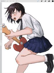 1girl :d art_program_in_frame black_eyes black_hair black_shoes blue_skirt blush commentary dress_shirt electric_guitar foot_out_of_frame futsuu_no_keion-bu guitar guitar_strap hashtag-only_commentary hatono_chihiro highres holding holding_guitar holding_instrument holding_plectrum instrument kusakabe_(kskb_e) loafers miniskirt open_mouth pleated_skirt plectrum procreate_(software) school_uniform shirt shirt_tucked_in shoes short_sleeves simple_background skirt smile socks solo standing standing_on_one_leg summer_uniform white_background white_shirt white_socks