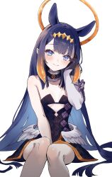 1girl absurdres alternate_hair_color arm_between_legs bare_legs bare_shoulders blue_eyes blue_hair blunt_bangs blush breasts choker closed_mouth cutout_above_navel detached_sleeves diamond_hairband dress extra_ears feathered_wings fur-trimmed_choker fur-trimmed_collar fur_choker fur_trim gradient_hair halo hand_on_own_cheek hand_on_own_face highres hololive hololive_english invisible_chair knees long_hair looking_at_viewer low_wings multicolored_hair ninomae_ina&#039;nis ninomae_ina&#039;nis_(1st_costume) orange_hair pointy_ears purple_hair simple_background single_detached_sleeve sitting small_breasts smile solo strapless strapless_dress tentacle_hair tentacles tube_dress very_long_hair virtual_youtuber white_background wings y_uunaa