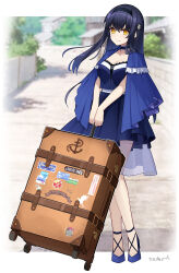 1girl absurdres anchor_print bag bai_yaxiang_zi black_camisole black_choker black_hair black_hairband black_skirt blue_capelet blue_shoes blush bone_hair_ornament border breasts camisole capelet chinese_commentary choker cleavage closed_mouth commentary_request day floating_hair frilled_capelet frilled_choker frills full_body hair_between_eyes hair_ornament hair_over_shoulder hairband hat_ornament highres holding holding_bag kushima_kamome large_breasts long_hair looking_at_viewer medium_skirt outdoors outline outside_border ringed_eyes road rolling_suitcase shoes sidelocks signature skirt skull_and_crossbones smile solo standing star_(symbol) star_hat_ornament sticker straight_hair suitcase summer_pockets v_arms white_border white_outline yellow_eyes