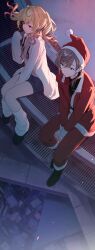 1boy 1girl absurdres arms_between_legs backlighting belt black_belt black_shirt black_shoes blonde_hair blue_shorts blush breasts brown_hair city closed_mouth coat collared_shirt colored_tips commentary_request foot_dangle grey_eyes hand_up hat heterochromia highres hoshikawa_sara jacket kanae_(nijisanji) long_hair looking_ahead loose_socks low_ponytail mole mole_under_eye multicolored_hair night nijisanji on_roof open_clothes open_coat outdoors pants pink_hair pink_shirt pom_pom_(clothes) ponytail red_eyes red_hat red_jacket red_pants santa_costume santa_hat shirt shoes shorts sitting sleeves_past_wrists small_breasts smile socks stethoscope stethoscope_around_neck tone_haruma tower twintails virtual_youtuber white_coat white_socks white_trim yellow_eyes