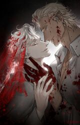 2boys astarion baldur&#039;s_gate baldur&#039;s_gate_3 blonde_hair blood blood_on_clothes blood_on_face blood_on_hands dark-skinned_male dark_skin dungeons_&amp;_dragons dungeons_&amp;_dragons highres looking_at_another male_focus multiple_boys pale_skin tav_(baldur&#039;s_gate) upper_body white_hair wild5lee yaoi