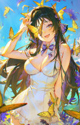 Rule 34 | 1girl, absurdres, bare shoulders, black hair, blurry, bow, bowtie, breasts, bug, butterfly, butterfly over eye, choker, cleavage, commentary, cowboy shot, depth of field, dress, fang, hand up, highres, insect, long hair, looking at viewer, medium breasts, mole, mole under eye, open mouth, original, purple bow, purple bowtie, purple eyes, sleeveless, sleeveless dress, smile, solo, spaghetti strap, sundress, white choker, white dress, ye jji