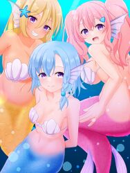 3girls absurdres air_bubble bare_arms bare_shoulders bikini bikini_top_only blonde_hair blue_hair blue_tail bracelet braid bubble day elliot_leucosia enjo_kouhai fins fish_tail head_fins highres jewelry kneeless_mermaid light_rays looking_at_viewer mermaid mermaid_tail monster_girl monsterification multiple_girls navel neruth open_mouth pink_hair pink_tail purple_eyes shell shell_bikini short_hair side_braid smile solo stomach sunbeam sunlight swept_bangs swimsuit tail underwater webbed_hands white_bikini