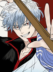 1boy black_shirt blue_hair bokken collarbone commentary commentary_request gintama grin hair_between_eyes high_collar holding holding_sword holding_weapon japanese_clothes kimono long_sleeves looking_at_viewer male_focus messy_hair pike_121 popped_collar red_eyes sakata_gintoki shirt short_hair smile solo sword two-tone_background upper_body weapon white_hair white_kimono wooden_sword score:0 rating:general Rule 34 | 1boy, black shirt, blue hair, bokken, collarbone, commentary, commentary request, gintama, grin, hair between eyes, high collar, holding, holding sword, holding weapon, japanese clothes, kimono, long sleeves, looking at viewer, male focus, messy hair, pike 121, popped collar, red eyes, sakata gintoki, shirt, short hair, smile, solo, sword, two-tone background, upper body, weapon, white hair, white kimono, wooden sword