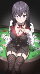 1girl absurdres agatsuma_kei alice_gear_aegis between_breasts black_skirt black_vest blue_eyes blush breasts card card_between_breasts casino_card_table cleavage detached_collar fishnet_thighhighs fishnets garter_straps highres indoors large_breasts looking_at_viewer pencil_skirt red_pupils shirt short_sleeves sitting skirt smile solo sundajin_asagi table thighhighs vest white_shirt