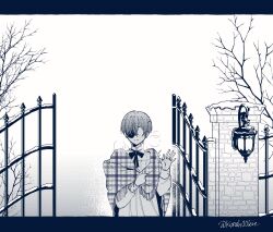 Rule 34 | bow, breath, ciel phantomhive, closed mouth, eyepatch, highres, kurosh00kie, kuroshitsuji, male focus, monochrome, ouji fashion, shirt, short hair, snow, tree
