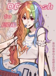 1girl absurdres arm_garter bandaid bandaid_on_arm electric_guitar english_text grin guitar highres icy_suluoluo instrument looking_at_viewer mouth_hold multicolored_hair my_little_pony my_little_pony:_friendship_is_magic pink_background plectrum plectrum_in_mouth rainbow_dash rainbow_dash_(equestria_girls) rainbow_hair rainbow_print shirt short_sleeves simple_background smile solo sparkle white_shirt