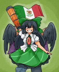 1girl absurdres arm_cannon black_hair black_wings blush bow brown_cape brown_eyes cape collared_shirt commentary control_rod_(touhou) cowboy_shot feathered_wings green_background green_bow green_skirt grin hair_bow highres long_hair looking_at_viewer mcsquiddies mexican_flag one_eye_closed print_cape puffy_short_sleeves puffy_sleeves reiuji_utsuho shirt short_sleeves skirt smile solo spanish_commentary starry_sky_print third_eye touhou two-sided_cape two-sided_fabric weapon white_shirt wings