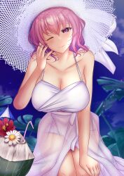 Rule 34 | 1girl, ;), alternate costume, bracelet, breasts, cleavage, closed mouth, dress, drinking straw, hand on lap, highres, jewelry, large breasts, looking at viewer, necklace, one eye closed, pink eyes, pink hair, saigyouji yuyuko, saigyouji yuyuko (seamless swimsuit ghost), see-through clothes, short hair, shounen (hogehoge), smile, solo, teeth, touhou, touhou lostword, variant set, white dress, white headwear