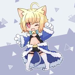Rule 34 | 1girl, ahoge, animal ear fluff, animal ears, animal hands, animal legs, bell, black shorts, black tank top, blonde hair, blue bow, blue bowtie, blue cape, blue sleeves, blush, bow, bowtie, cape, cat ears, cat girl, cat tail, clothing cutout, commentary request, detached sleeves, full body, fur-trimmed cape, fur-trimmed sleeves, fur trim, grey background, highres, jingle bell, looking at viewer, navel, neck bell, one eye closed, open mouth, pochiko (poteko), ragnarok online, red eyes, short hair, short shorts, shorts, smile, solo, stalker (ragnarok online), standing, stomach cutout, tail, tank top, thigh strap, waist cape
