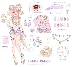 1girl :d alternate_costume alternate_hairstyle artist_name axolotl_girl axolotl_tail ball beachball bikini bracelet breasts character_name cheshirette commentary double_bun english_commentary english_text floral_print_bra flower flower_necklace hair_bun hair_flower hair_ornament hairclip hibiscus highleg highleg_bikini highres hood hoodie jewelry lei long_sleeves lottie_shinju multicolored_nails nail_polish navel necklace official_art open_mouth patch pink_eyes pink_hair pink_hoodie pixellink puffy_long_sleeves puffy_sleeves purple_skirt reference_sheet skirt smile star_(symbol) star_necklace swimsuit teeth tongue upper_teeth_only virtual_youtuber visor_cap white_background white_flower