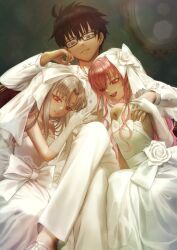 1boy 2girls bare_shoulders black_hair breasts bridal_veil bride commentary_request commission crossed_legs dead_apostle_noel_(tsukihime) dress formal_clothes glasses gloves grey_hair highres looking_at_viewer megumi_(piyo7piyo9) melty_blood multiple_girls noel_(tsukihime) pink_eyes pink_hair red_eyes sitting skeb_commission small_breasts smile suit tohno_shiki tsukihime veil wedding_dress white_len_(tsukihime) white_suit