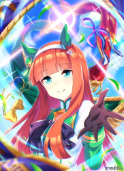 1girl absurdres animal_ears artist_name banner black_bow black_bowtie black_gloves blue_sky blunt_bangs blurry blurry_background bow bowtie brooch closed_mouth commentary day depth_of_field diffraction_spikes ear_covers fringe_trim gloves green_shirt hairband highres horse_ears horse_girl jewelry leaf long_hair long_sleeves looking_at_viewer orange_hair outdoors shirt silence_suzuka_(umamusume) sky smile solo sparkle star_brooch straight_hair suzukatore two-tone_shirt umamusume upper_body white_hairband white_shirt wind