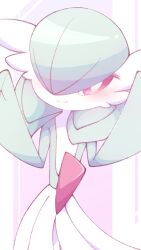 blush bob_cut colored_skin dress gardevoir gen_3_pokemon green_hair green_skin hair_over_one_eye highres looking_at_viewer multicolored_skin narumiya_pkmn nintendo pink_eyes pokemon pokemon_(creature) smile two-tone_skin white_dress white_skin