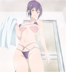 1girl anime_screenshot bathroom bikini blush breasts gluteal_fold gradient_hair hair_bun haite_kudasai_takamine-san holding holding_towel large_breasts micro_bikini multicolored_hair navel purple_bikini purple_hair red_eyes steam stitched swimsuit takamine_takane third-party_edit towel