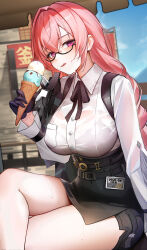 Rule 34 | 1girl, :q, absurdres, black skirt, breasts, crossed legs, eating, food, food on face, glasses, highres, holding, holding food, holding ice cream, ice cream, ice cream cone, large breasts, licking lips, long hair, miniskirt, pencil skirt, pink hair, purple eyes, shirt, skirt, solo, thighs, tongue, tongue out, tsukishiro yanagi, ushiko xiansheng, white shirt, zenless zone zero