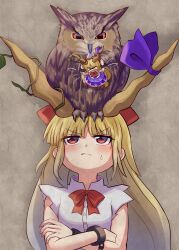 2girls absurdres animal animal_on_head bird bird_on_head blush bow bowtie brown_background clone closed_mouth commentary_request crossed_arms cuffs elaphe_guttata6 highres horn_ornament horn_ribbon horns ibuki_suika looking_up multiple_girls on_head owl red_bow red_bowtie red_eyes ribbon shackles sweatdrop torn_clothes torn_sleeves touhou upper_body v-shaped_eyebrows