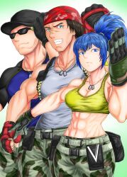 1girl blue_eyes blue_hair breasts clark_still curvy earrings female_focus gloves huge_breasts jewelry large_breasts leather leona_heidern long_hair looking_at_viewer military muscular muscular_female pale_skin ponytail ralf_jones shirt standing tank_top the_king_of_fighters thick_thighs thighs tight_clothes tight_shirt toned toned_female vvv_slider wide_hips