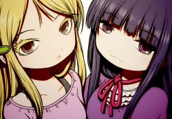 2girls :o beeru_(veil8801) blonde_hair bra_strap brown_eyes closed_mouth collarbone colored_eyelashes hidaka_koharu high_score_girl long_hair multiple_girls neck_ribbon oono_akira open_mouth purple_eyes purple_hair red_ribbon ribbon simple_background white_background