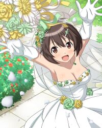 Rule 34 | 1girl, artist request, brave witches, breasts, bridal veil, brown eyes, brown hair, bus, cleavage, collar, dress, falling petals, gloves, hair ornament, hairclip, jewelry, karibuchi hikari, looking at viewer, medium breasts, motor vehicle, non-web source, official art, open mouth, outdoors, petals, short hair, solo, standing, veil, wedding dress, white gloves, world witches series