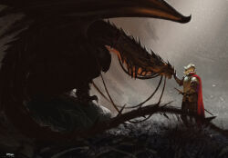 1other ambiguous_gender armor breastplate cape commentary covered_face day dragon english_commentary fantasy from_side full_armor gauntlets glowing glowing_eye helm helmet highres monster omar_samy orange_eyes original painterly pauldrons petting profile realistic red_cape reins scales shoulder_armor standing tail western_dragon wings