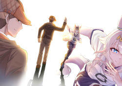 1boy 1girl absurdres ahoge animal_ears backlighting black_pantyhose blue_eyes blue_shorts brown_eyes brown_hair brown_hat brown_jacket brown_pants closed_mouth ear_ornament flat_cap grey_hair grey_shoes gym_shorts hair_ornament hat high_five highres horse_ears horse_girl horse_tail jacket kasamatsu_tracen_training_uniform kitahara_jou long_hair looking_at_another looking_back multiple_views oguri_cap_(umamusume) open_mouth pants pantyhose pantyhose_under_shorts race_bib rimudoya running shadow shirt shoes short_hair short_sleeves shorts smile t-shirt tail tearing_up umamusume umamusume:_cinderella_gray walking white_shirt