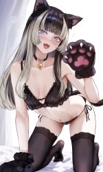 1girl absurdres all_fours alternate_costume animal_ears animal_hands bare_shoulders bell black_bra black_hair black_panties black_thighhighs blonde_hair blue_eyes blunt_bangs blush bra breasts breasts_apart cat_ears cat_girl cat_tail choker commentary_request dhbwinner frilled_bra frills gloves hand_up highres hime_cut hololive hololive_dev_is jingle_bell juufuutei_raden kemonomimi_mode lace lace-trimmed_thighhighs lace_trim lingerie looking_at_viewer multicolored_hair navel neck_bell no_shoes on_bed open_mouth panties paw_gloves side-tie_panties small_breasts smile solo stomach tail thighhighs two-tone_hair underwear virtual_youtuber