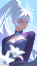 1221lululu 1girl absurdres blue_dress blue_eyes breasts cleavage cleavage_cutout closed_mouth clothing_cutout dress earrings highres jewelry long_hair looking_to_the_side medium_breasts rwby scar scar_across_eye scar_on_face side_ponytail solo upper_body very_long_hair weiss_schnee white_hair
