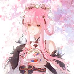 1girl artist_request bird bird_on_hand birthday black_arm_warmers blueberry blunt_bangs bow-shaped_hair brown_eyes cake cake_slice cherry_blossoms china_dress chinese_clothes collared_dress day detached_sleeves dress eyelashes falling_petals feather-trimmed_sleeves flower_knot food fruit grin hair_ornament hair_ribbon hair_rings happy highres holding holding_cake holding_food holding_plate light_particles lips long-tailed_tit long_sidelocks long_sleeves looking_at_viewer mandarin_collar nikki_(nikki) nikki_(series) outdoors petals pink_hair pink_lips plate pom_pom_(clothes) pom_pom_hair_ornament red_ribbon ribbon second-party_source short_hair_with_long_locks sidelocks sleeveless sleeveless_dress smile solo sparkle spring_(season) strawberry strawberry_slice tassel tassel_hair_ornament tit_(bird) tree upper_body white_dress white_sleeves wide_sleeves